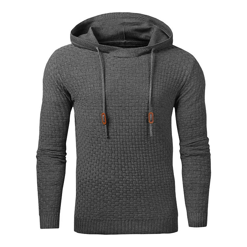 A men's hoodie sweater in a cotton and polyester blend, shown in one of nine available colours.
