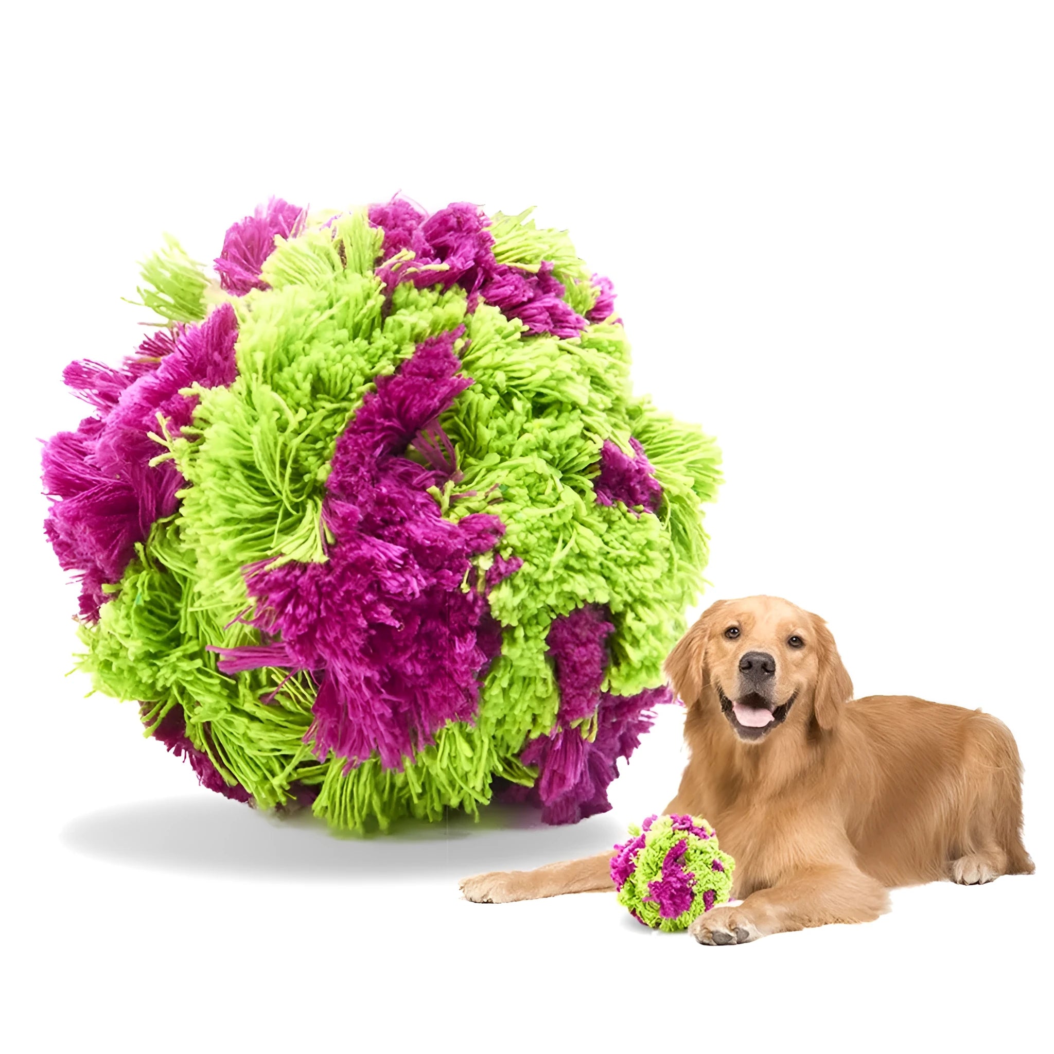 Purple plush dog teething ball measuring 15cm diameter for interactive play