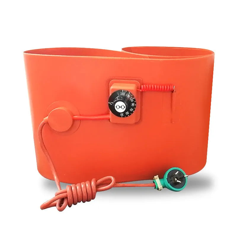 Silicone rubber heating belt wrapped around 200-litre oil drum with control unit