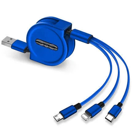3 in 1 telescopic charging cable with TPE cable and titanium alloy connectors in multiple colours