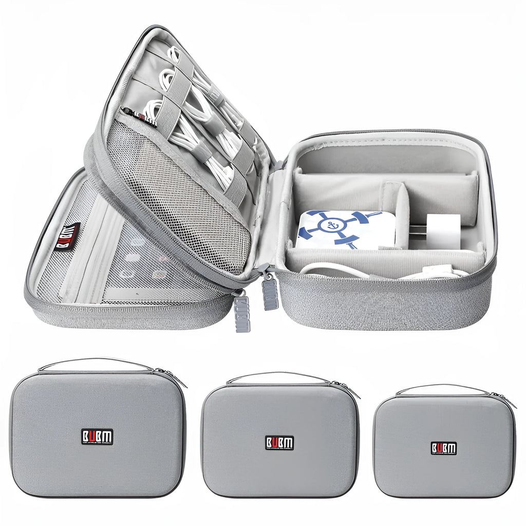 Black EVA digital storage bag for organising headphones and cables on a desk
