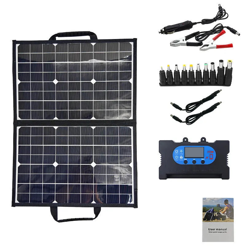 Black folding 40-watt monocrystalline solar panel bag shown both open and closed to 8cm thickness.
