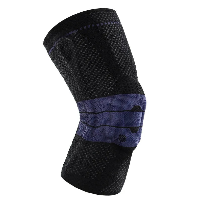 Adult sports knee pads in black and blue, made from nylon and spandex fabric.
