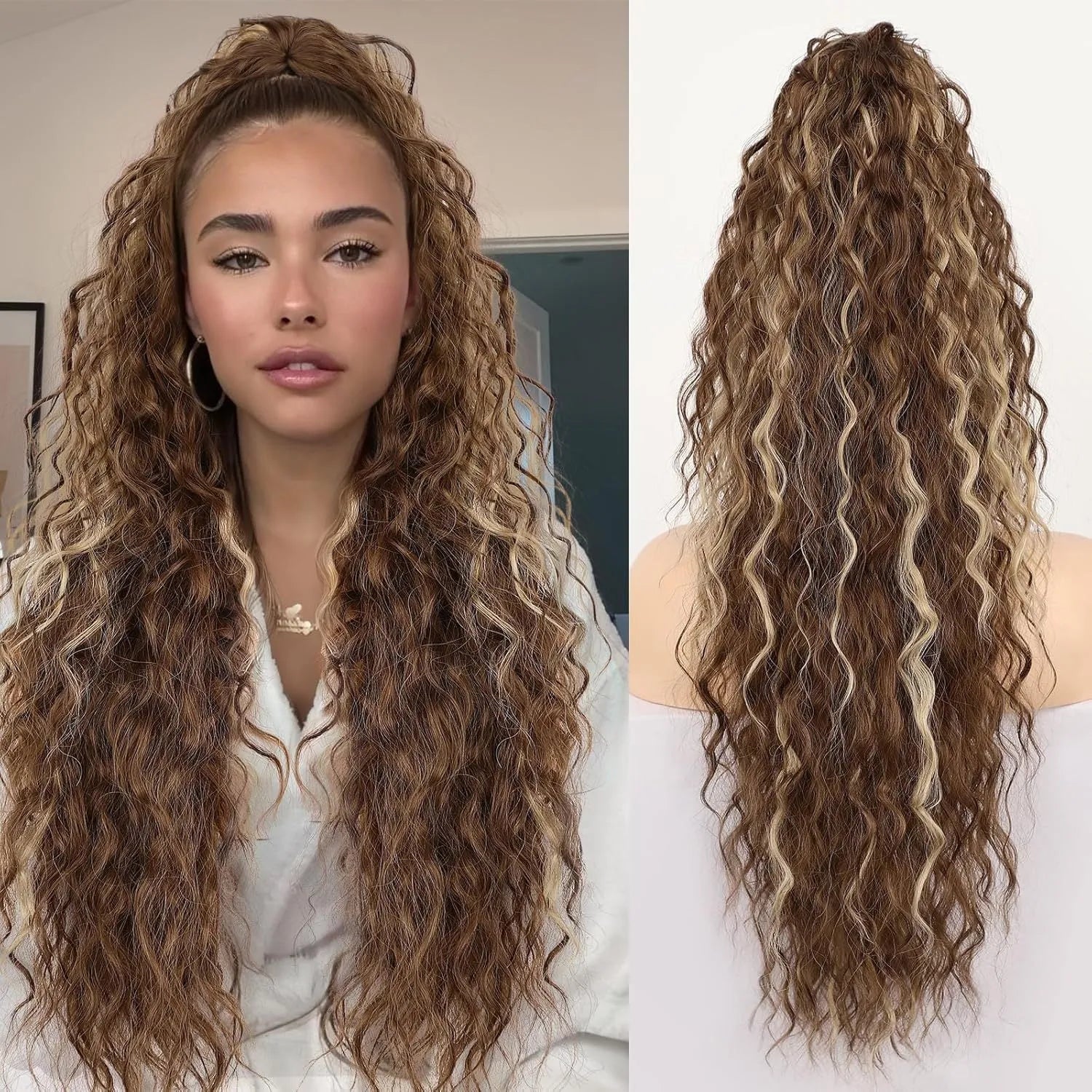 Long 30-inch curly ponytail wig in high temperature fibre for costume and cosplay.