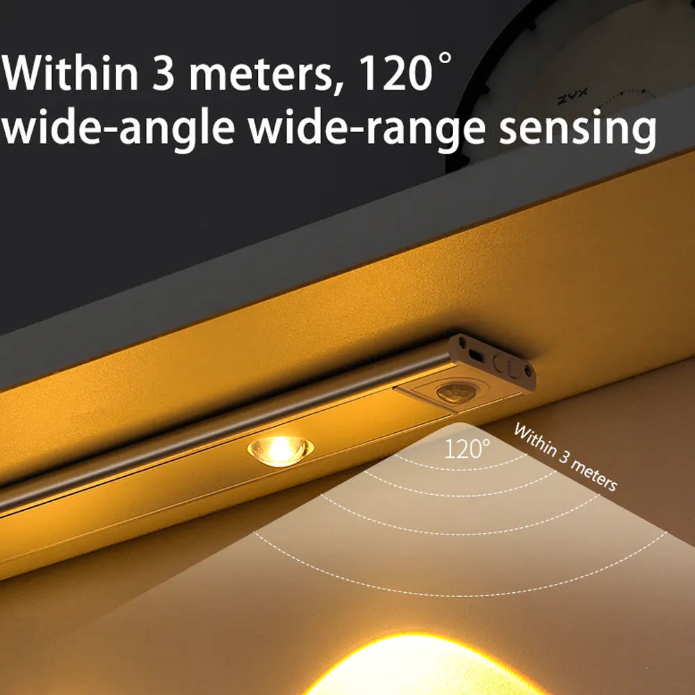 Silver ultra-thin USB rechargeable LED light strip with motion sensor for cabinet mounting.