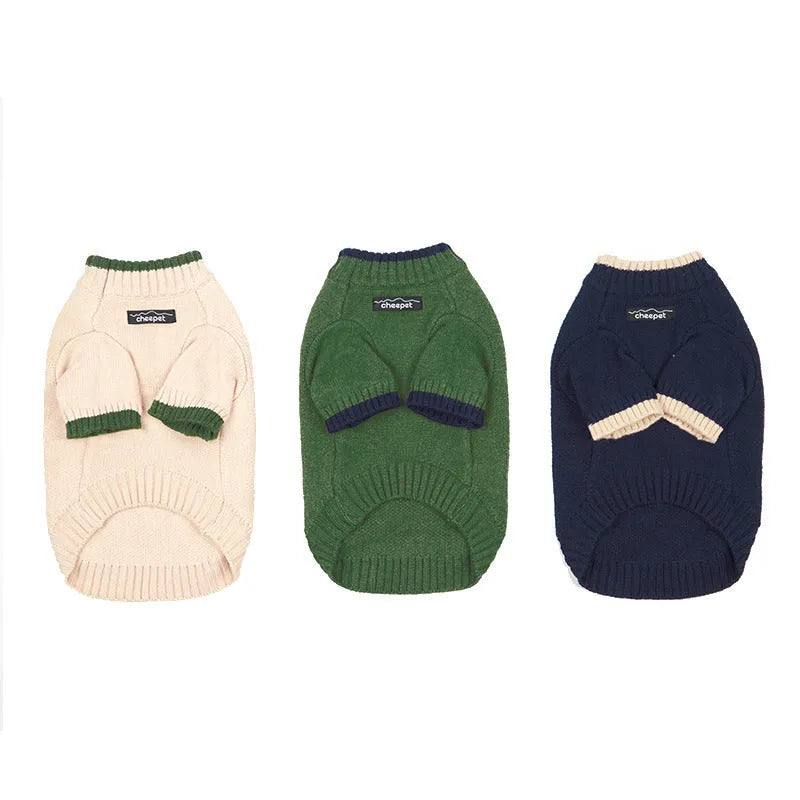 British style wool dog sweater with contrasting colours in sizes S to XXL for winter warmth