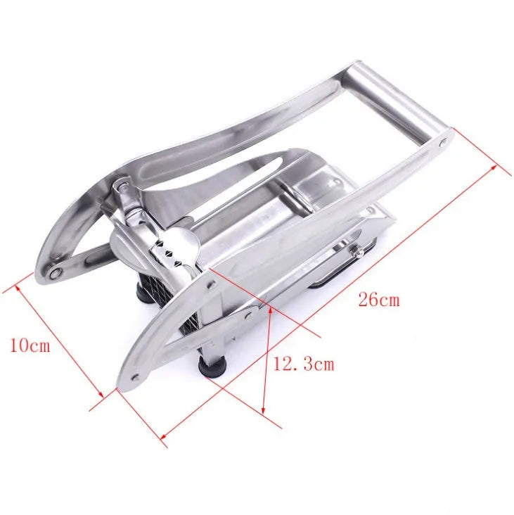 Potato chopper gadget with two stainless steel blades and a non-slip rubber foot on the base.