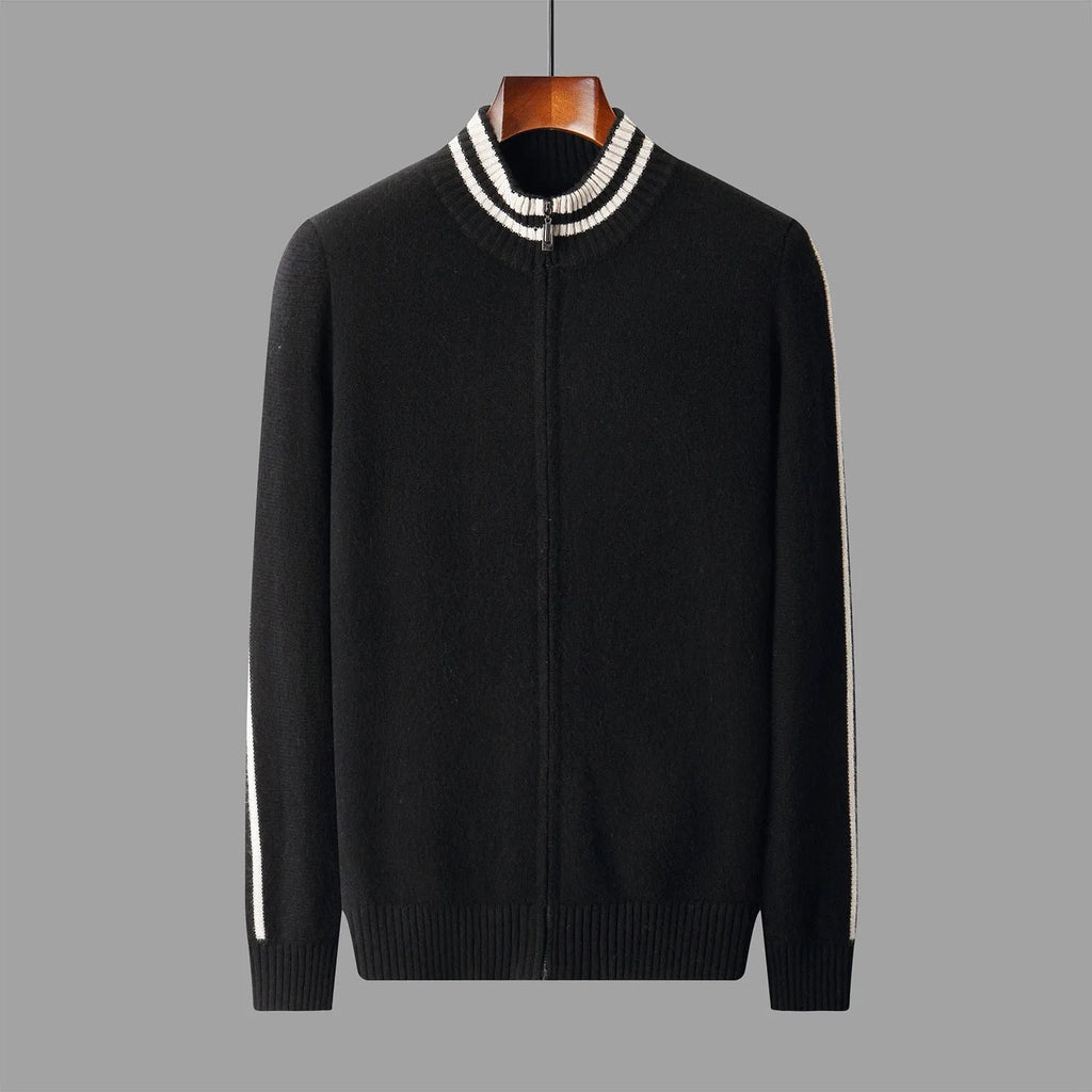 Men's half-high collar striped knitted cardigan sweater in white, front view showing slim fit and all-matching pattern