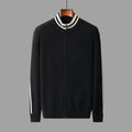Men's half-high collar striped knitted cardigan sweater in white, front view showing slim fit and all-matching pattern