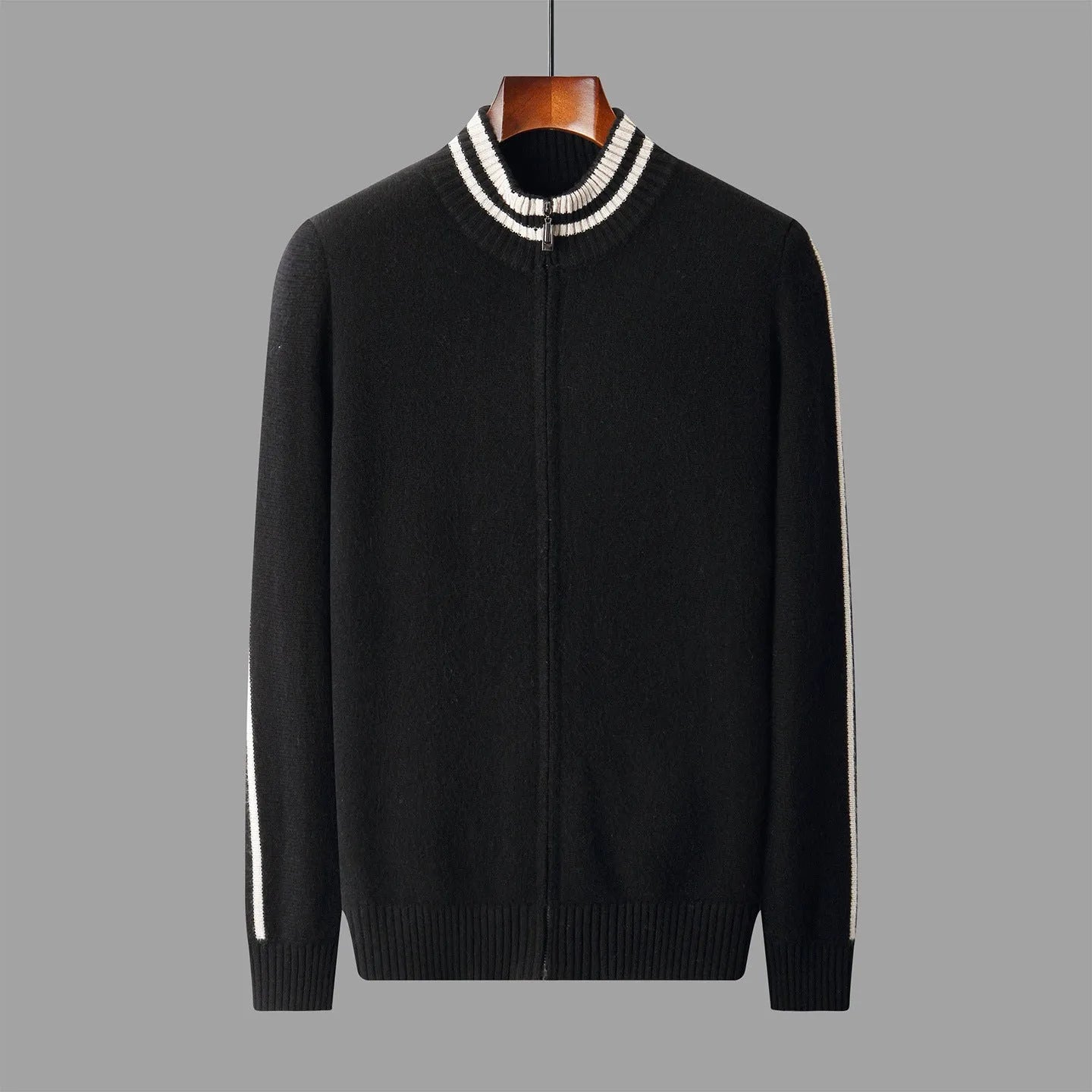 Men's half-high collar striped knitted cardigan sweater in white, front view showing slim fit and all-matching pattern