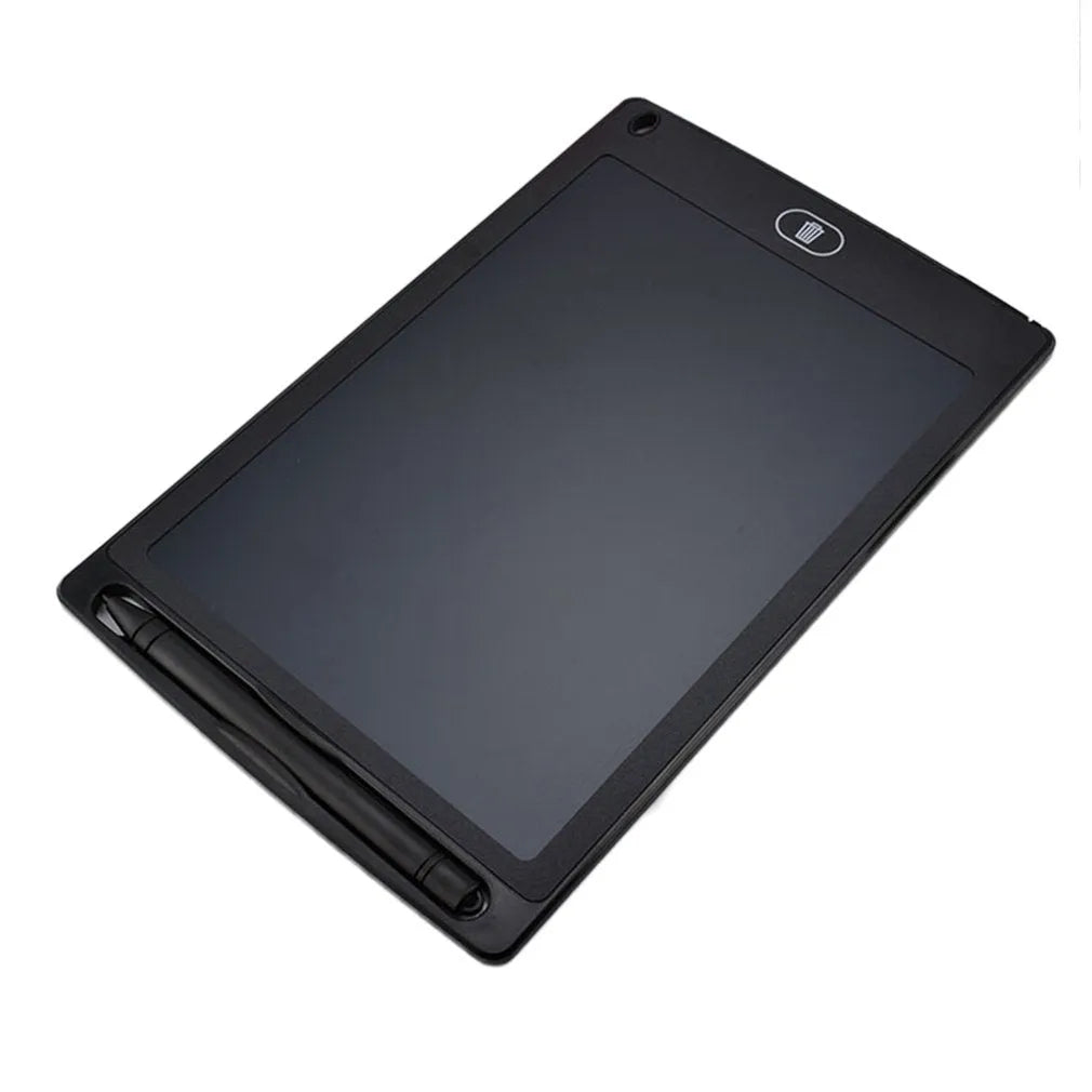LCD electronic handwriting board for children in blue, showing attached stylus and clear screen.