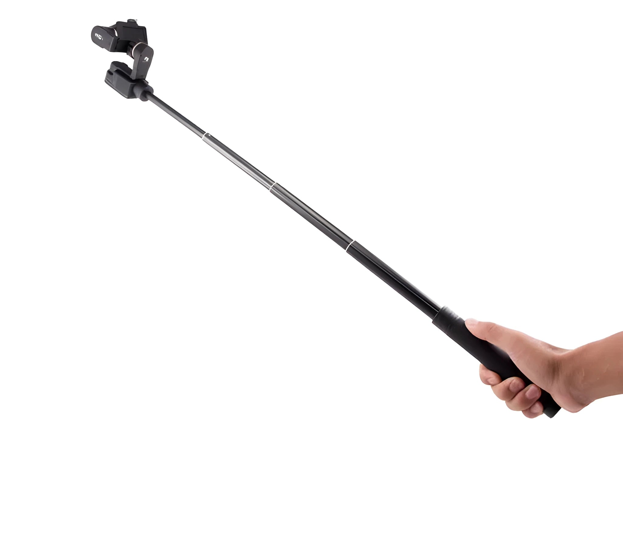 Black retractable selfie stick with extended aluminium pole and Bluetooth remote, holding a smartphone.
