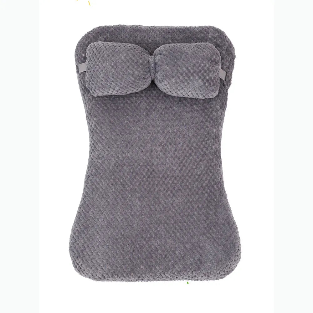 Soft plush pet bed mat with attached pillow in grey, available in sizes S to XL