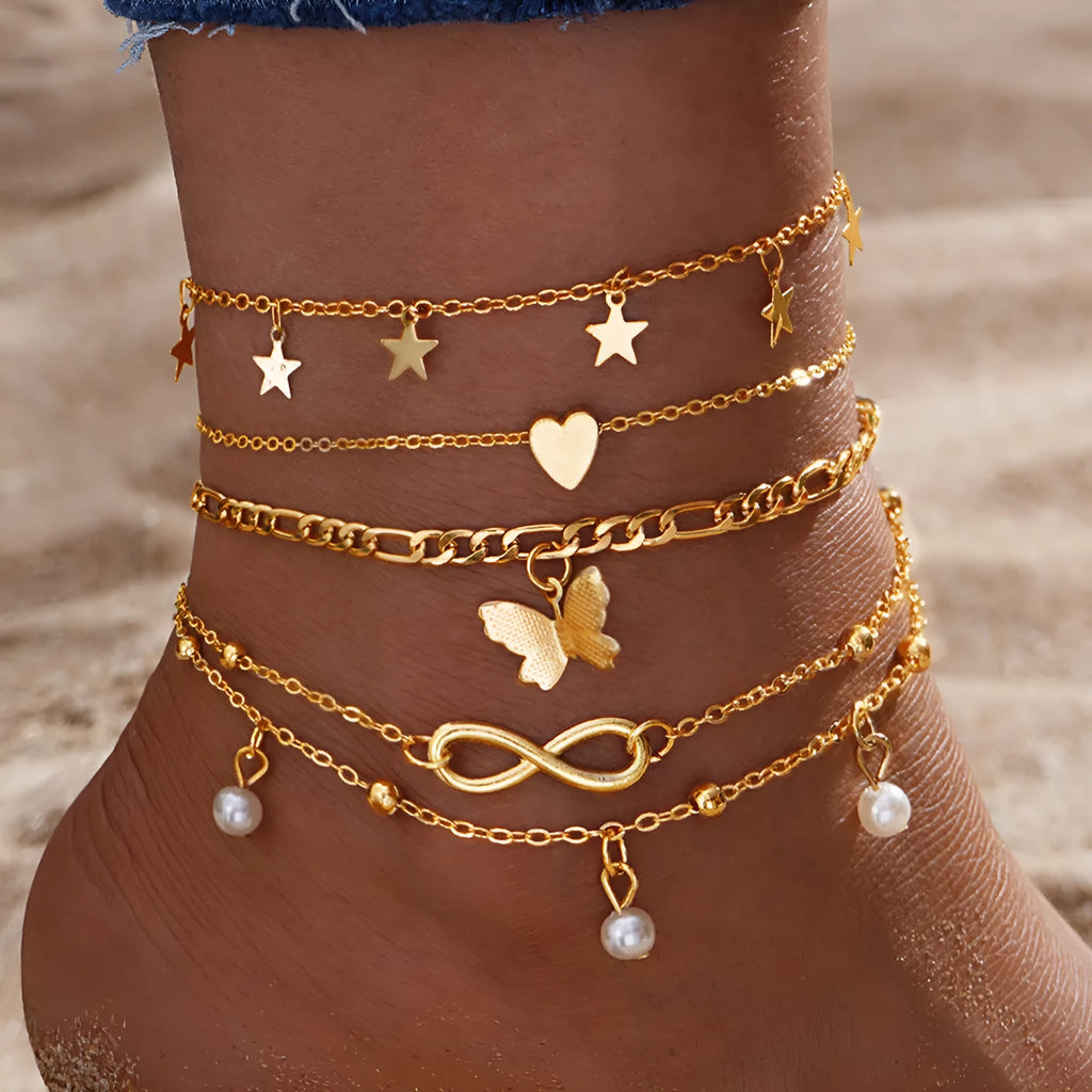 Butterfly pearl heart women's anklet set showing four layered alloy foot chains with butterfly and heart charms