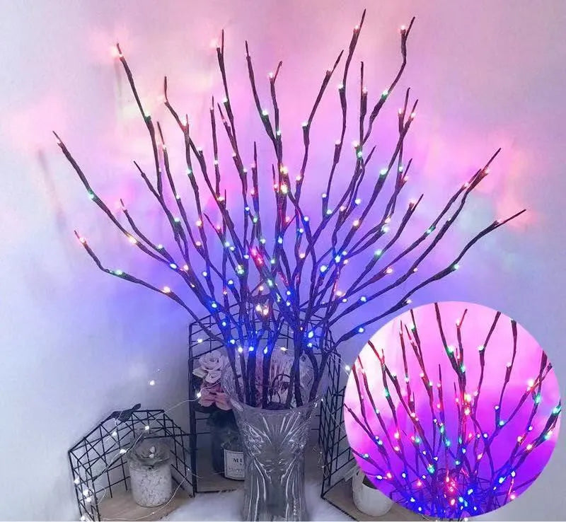 Silver branch LED decorative tree lamp with colour-changing lights in a vase base.