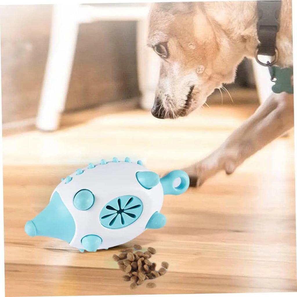 Blue wear-resistant treat dispensing dog toy with squeaky ball on white background