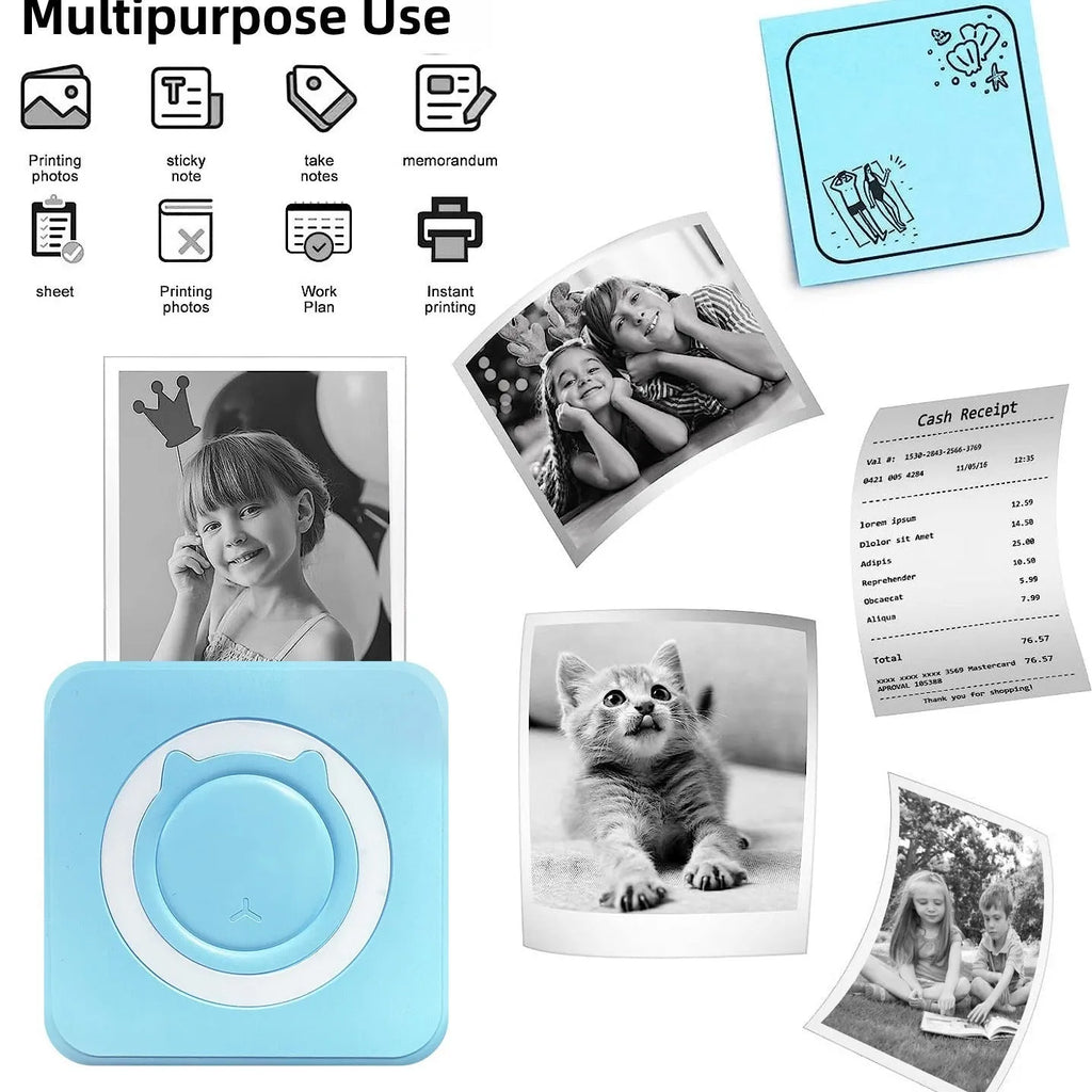 Pocket mini thermal printer in Macaron Blue with USB cable on white background