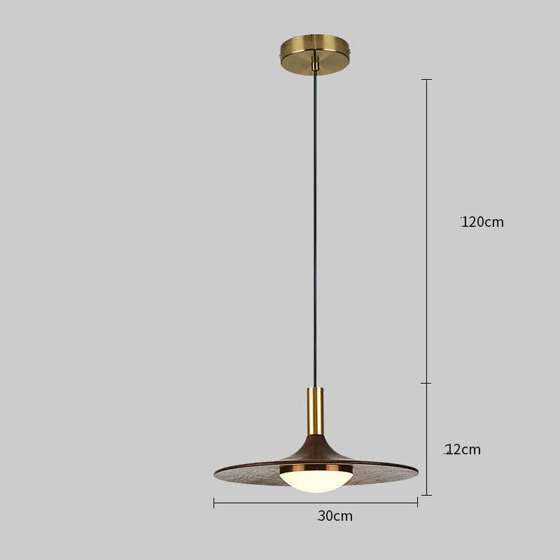 Walnut wood and copper bar chandelier in fish line shape, new Chinese style, showing push button switch.