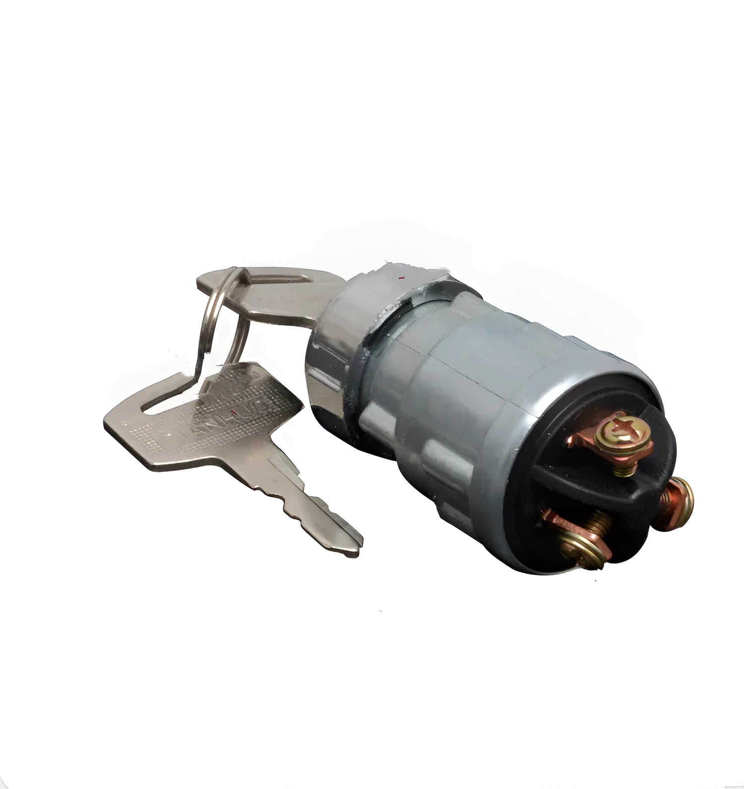 Copper vehicle ignition switch with a key for trucks and forklifts.