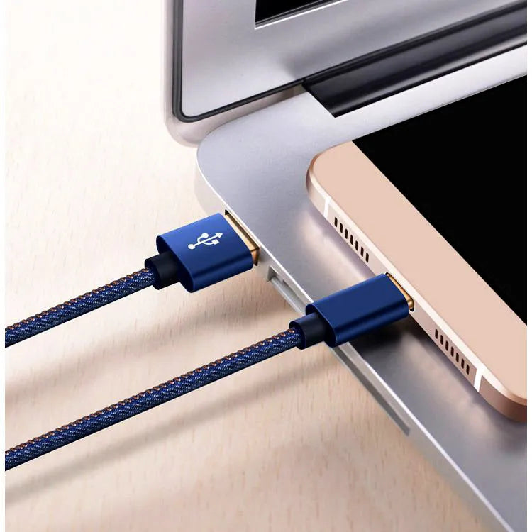 Cowboy style braided type-c charging cable with aluminium connectors in black, blue, and red colour options.