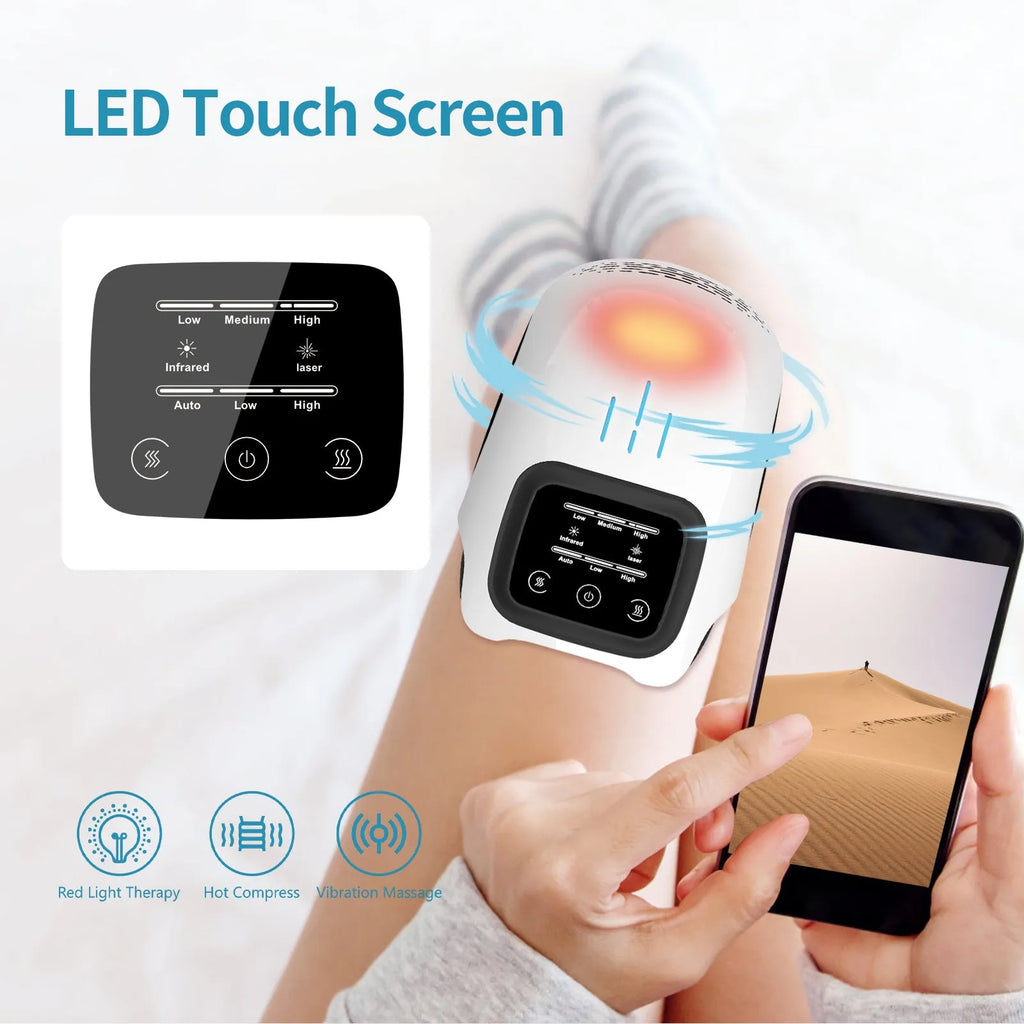 White rechargeable electric knee massager with infrared laser and heating for pain relief.