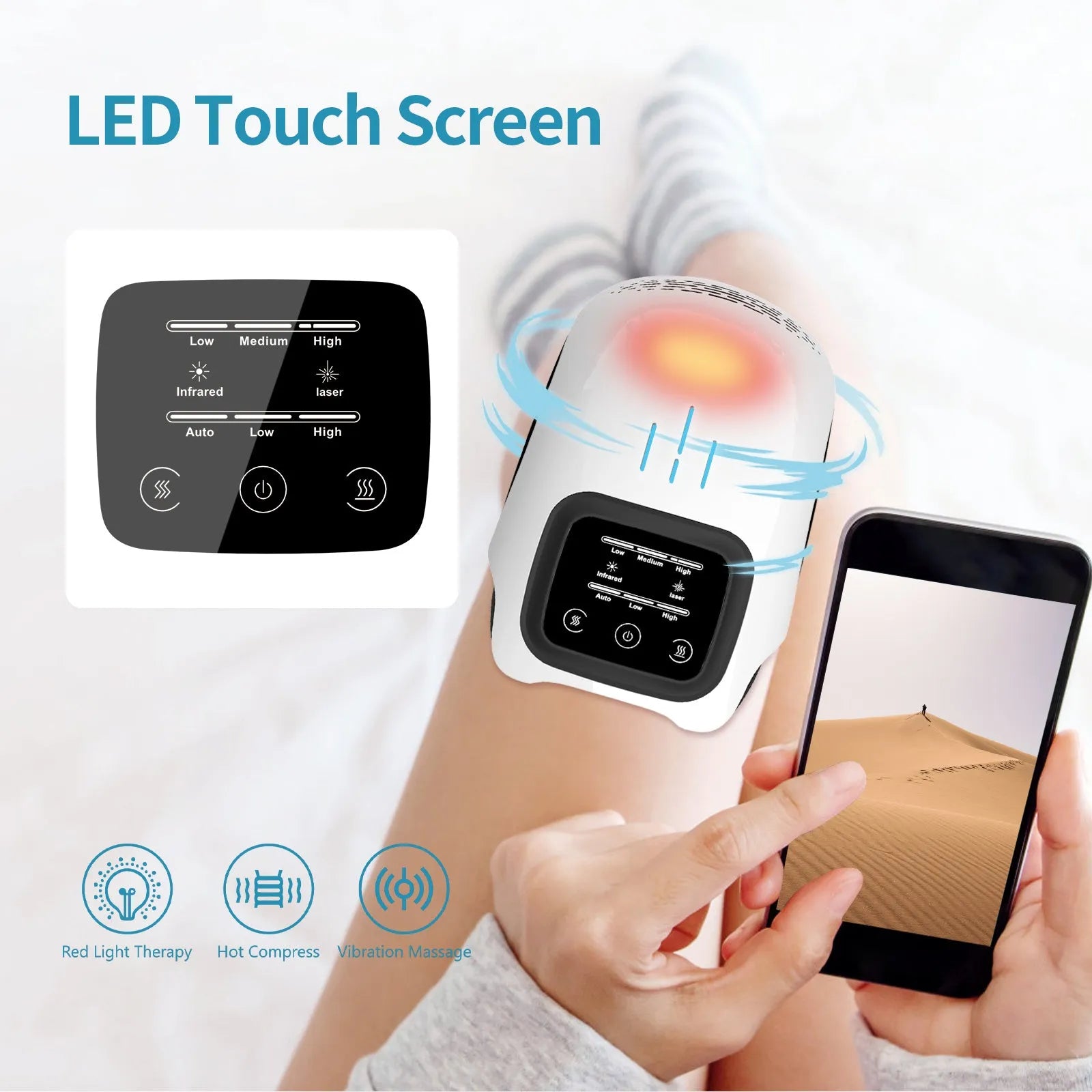White rechargeable electric knee massager with infrared laser and heating for pain relief.