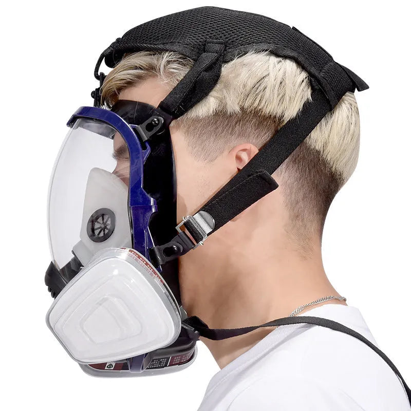 Blue edge spherical full gas mask with trapezoidal canister design and silicone construction