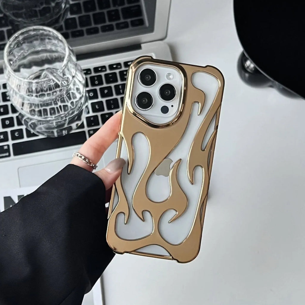 Silver electroplated iPhone case with hollow flame pattern design on a dark background