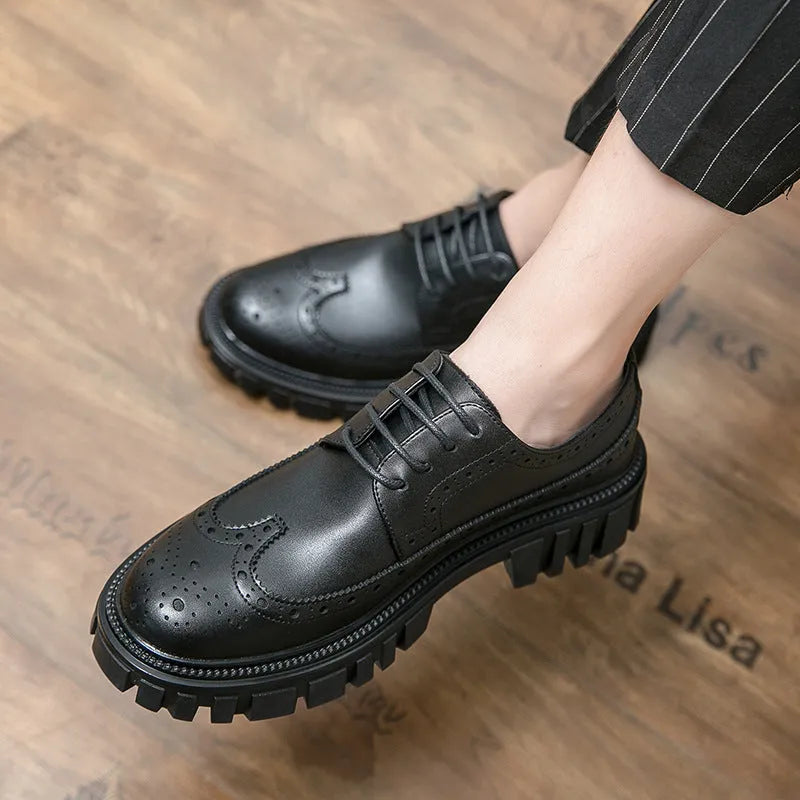 Men's black and brown business brogue shoes with round toe design and artificial leather construction