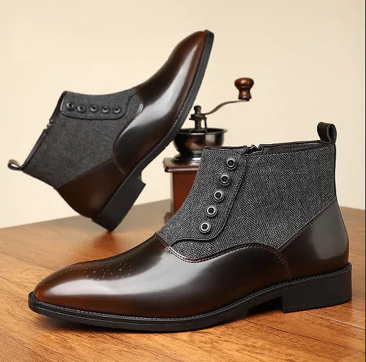 Brown retro men's formal shoe with side zipper, embossed texture, square toe, and low square heel on a plain background.