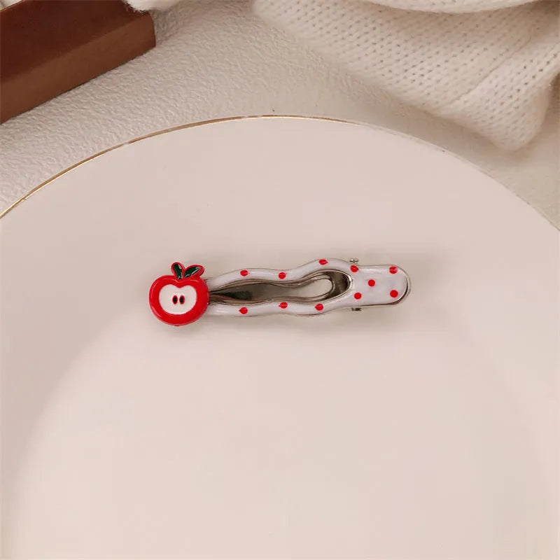 Red stereo love heart-shaped hairpin with French retro dots and willow leaf design