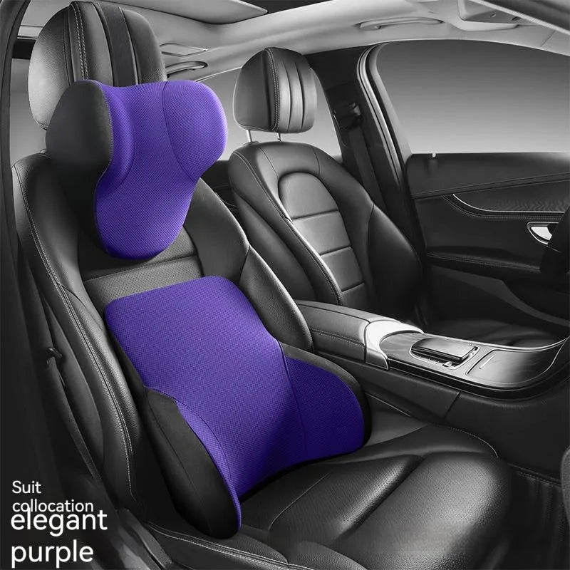 Memory foam and latex car lumbar support pillow and matching headrest with knitted fabric cover.