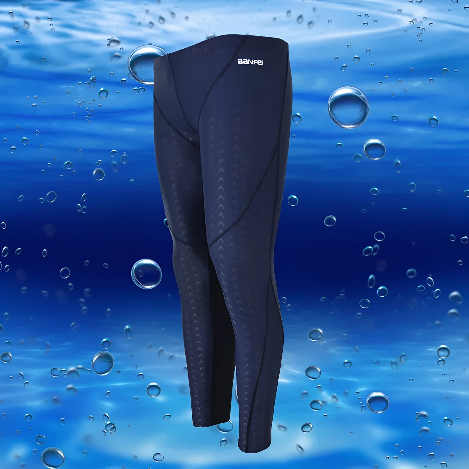 Men's black nylon cropped swimming trunks with grey line detail, brief style for sports