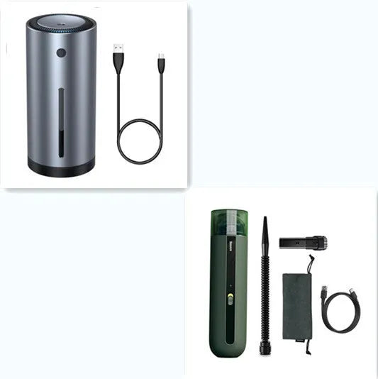 Baseus wireless handheld car vacuum cleaner in black, shown with blowing hose attachment and Type-C charging cable.