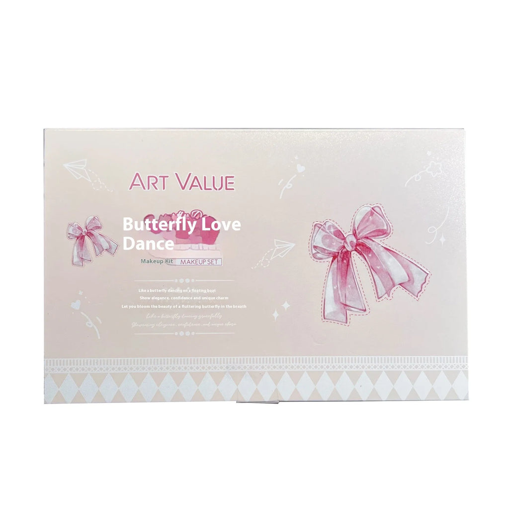 Butterfly Box Suite makeup set showing four matte lip muds, powder blusher, and coordinating necklace