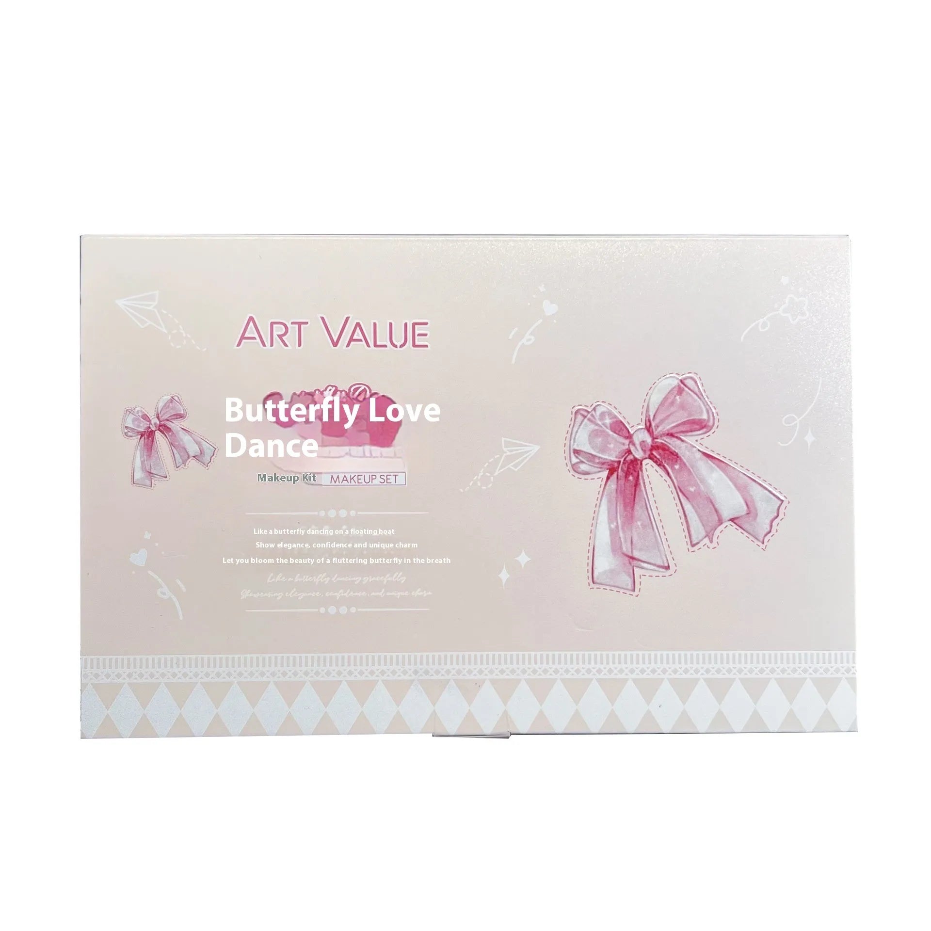 Butterfly Box Suite makeup set showing four matte lip muds, powder blusher, and coordinating necklace