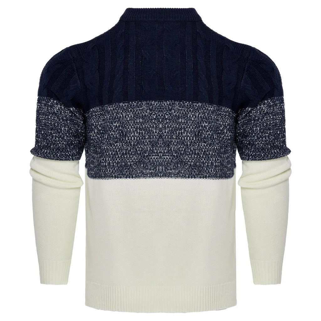 Men's knitted long-sleeved pullover sweater on a hanger, available in multiple sizes and styles.