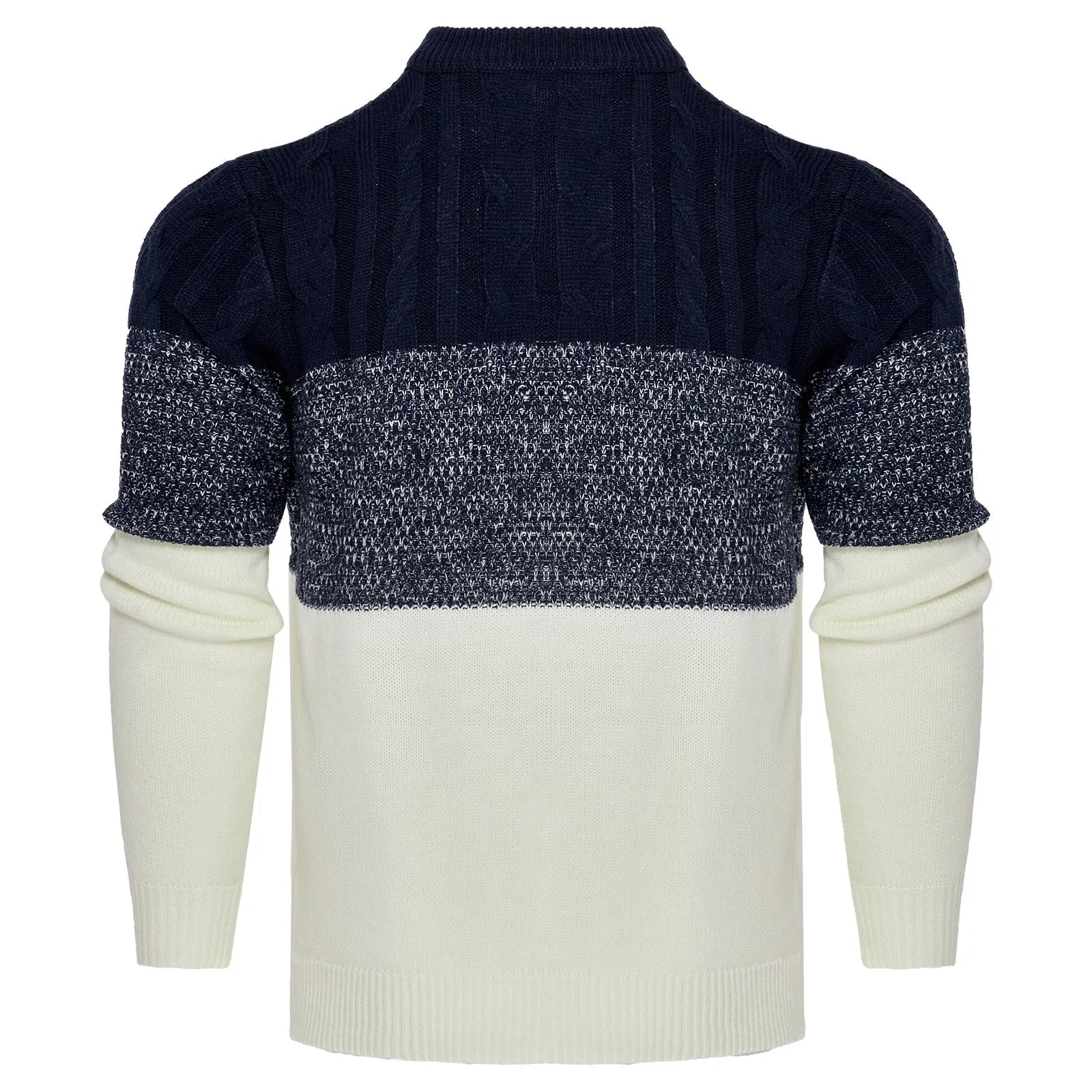 Men's knitted long-sleeved pullover sweater on a hanger, available in multiple sizes and styles.