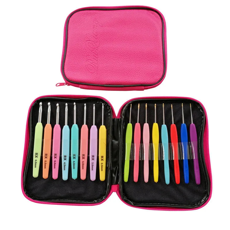 Set of 16 crochet hooks with thick and thin plastic handles in a grey PU storage bag.