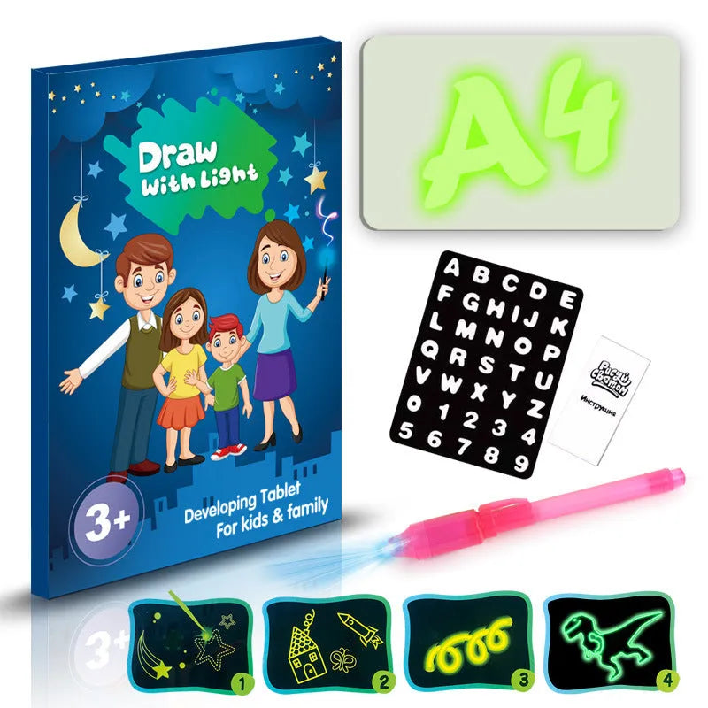 Educational drawing pad with light-accumulating coating, flashlight marker, and alphabet template for children aged 4-6.