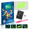 Educational drawing pad with light-accumulating coating, flashlight marker, and alphabet template for children aged 4-6.