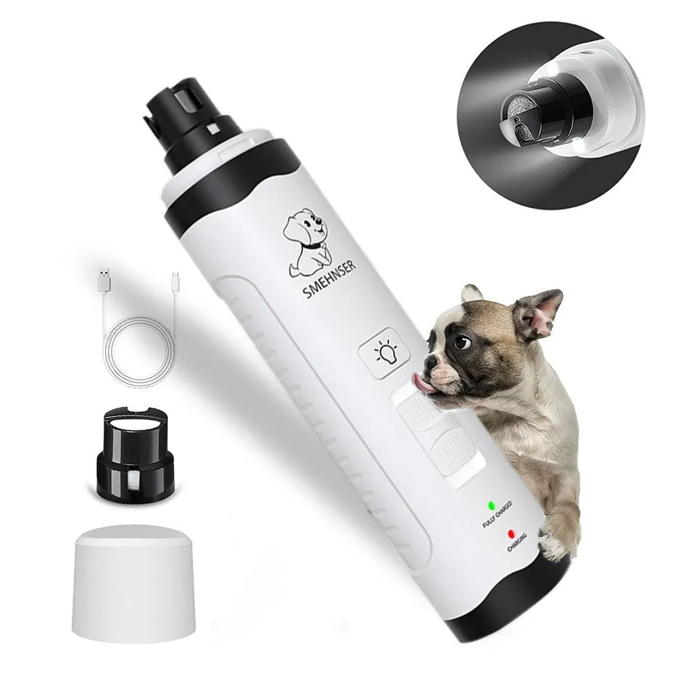 Electric dog nail grinder with LCD screen, LED lights, and dust collection bin on a white background.