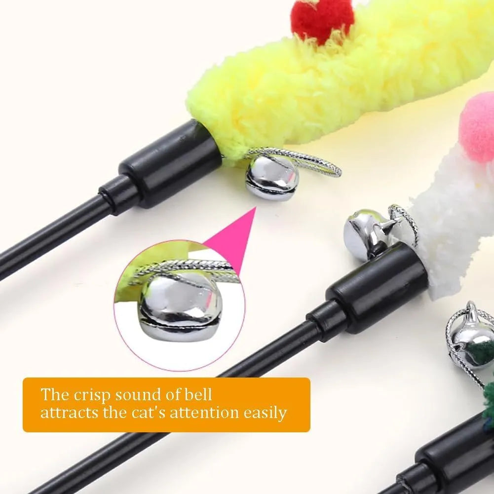 Interactive cat toy wand with colourful plush strip and bell attachment for indoor cat play