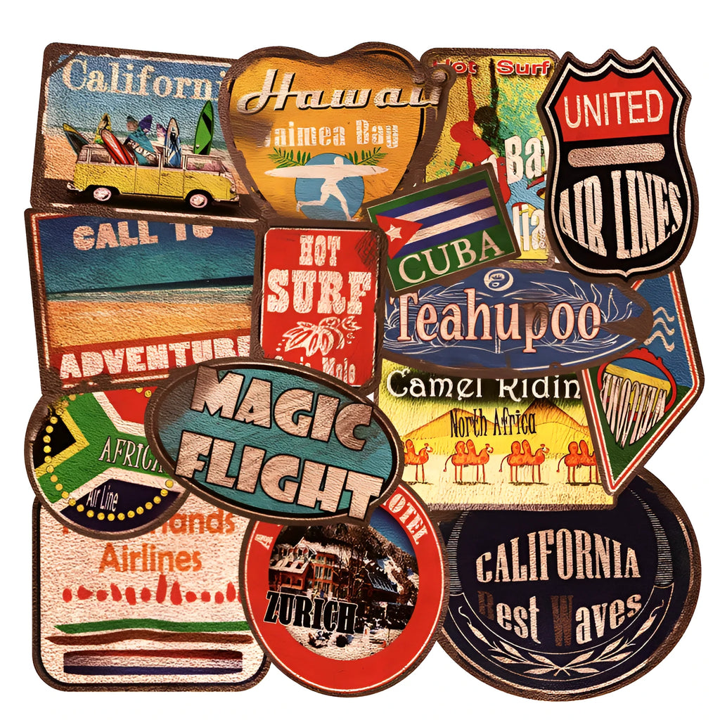 Set of 36 large retro-themed beach and surfing stickers with sizes from 6cm to 10cm on a matte PVC background.