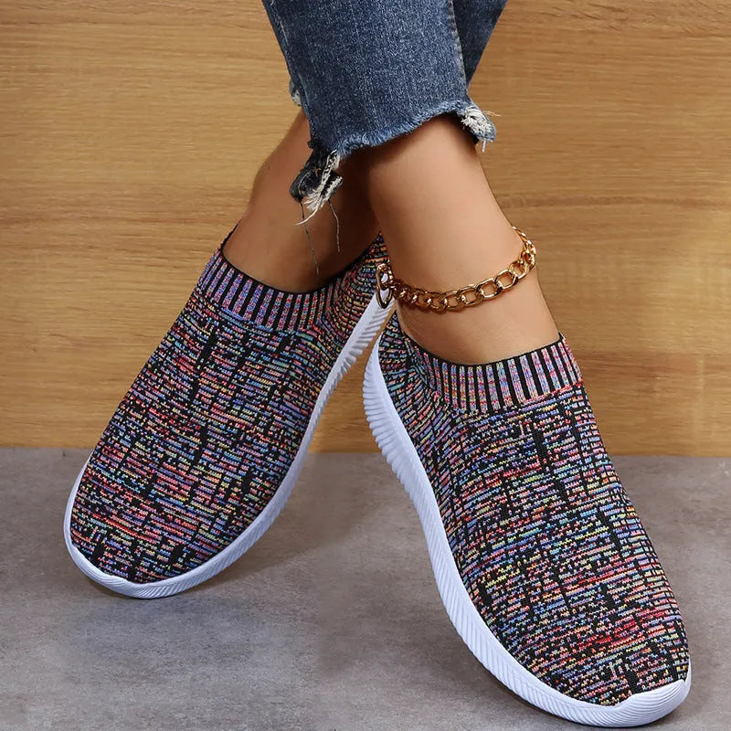 Stripe knit sock shoes for unisex running walking flat sneakers in white with EVA sole