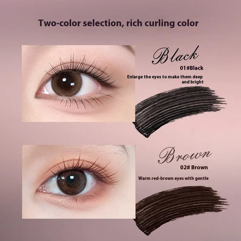 Long curling mascara in black and brown colour options showing standard packaging