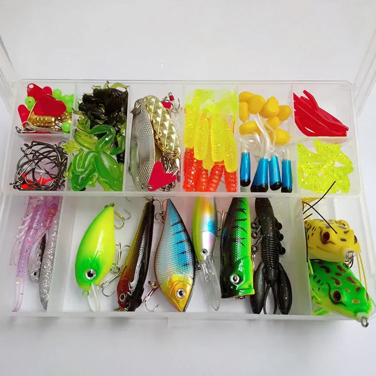 142-piece fishing lure suit set with metal pliers, hard minnow lures, sequin spoons, and hooks on a blue background.