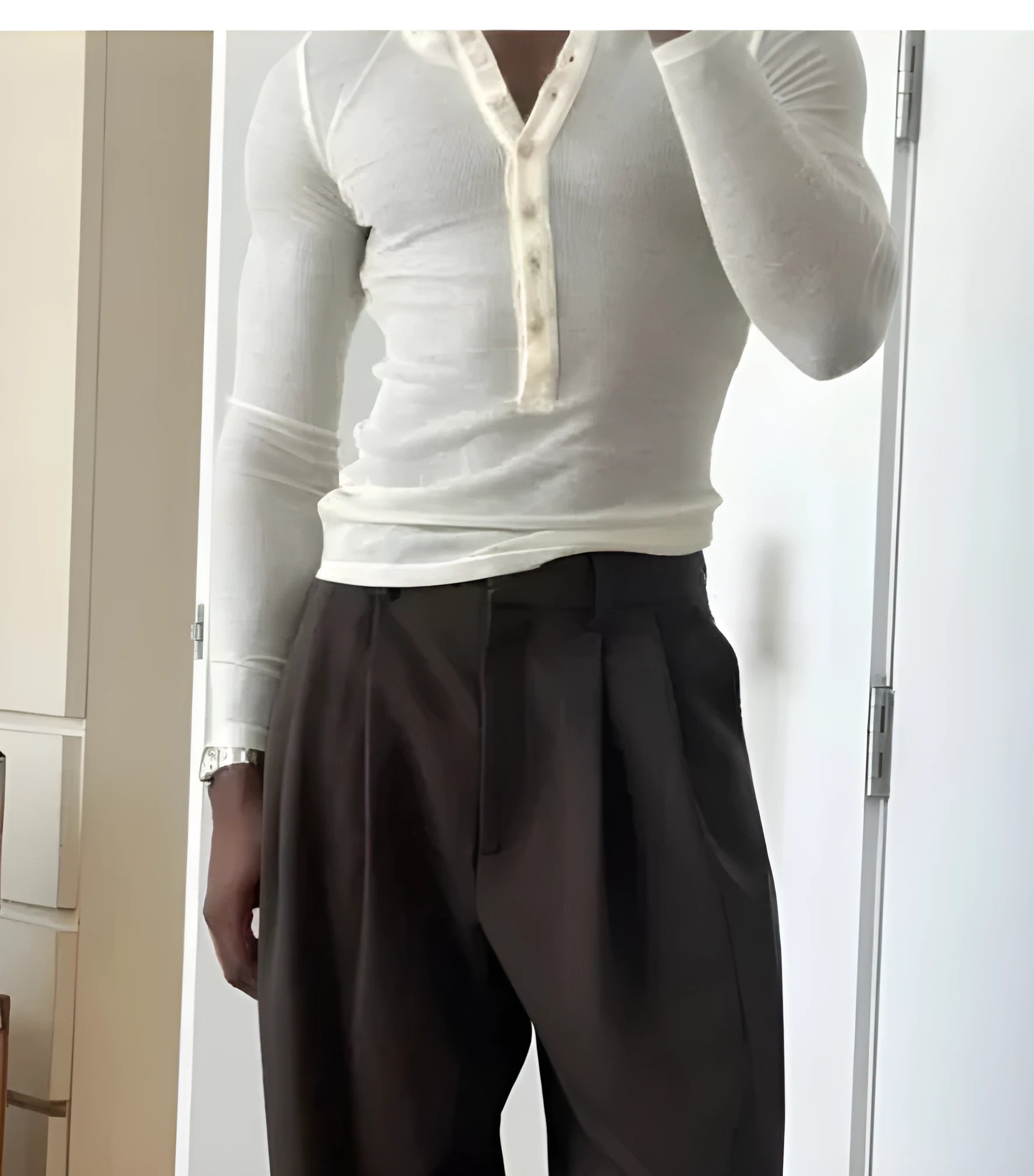 Men's cream coloured ribbed long sleeve henley top with three-button placket