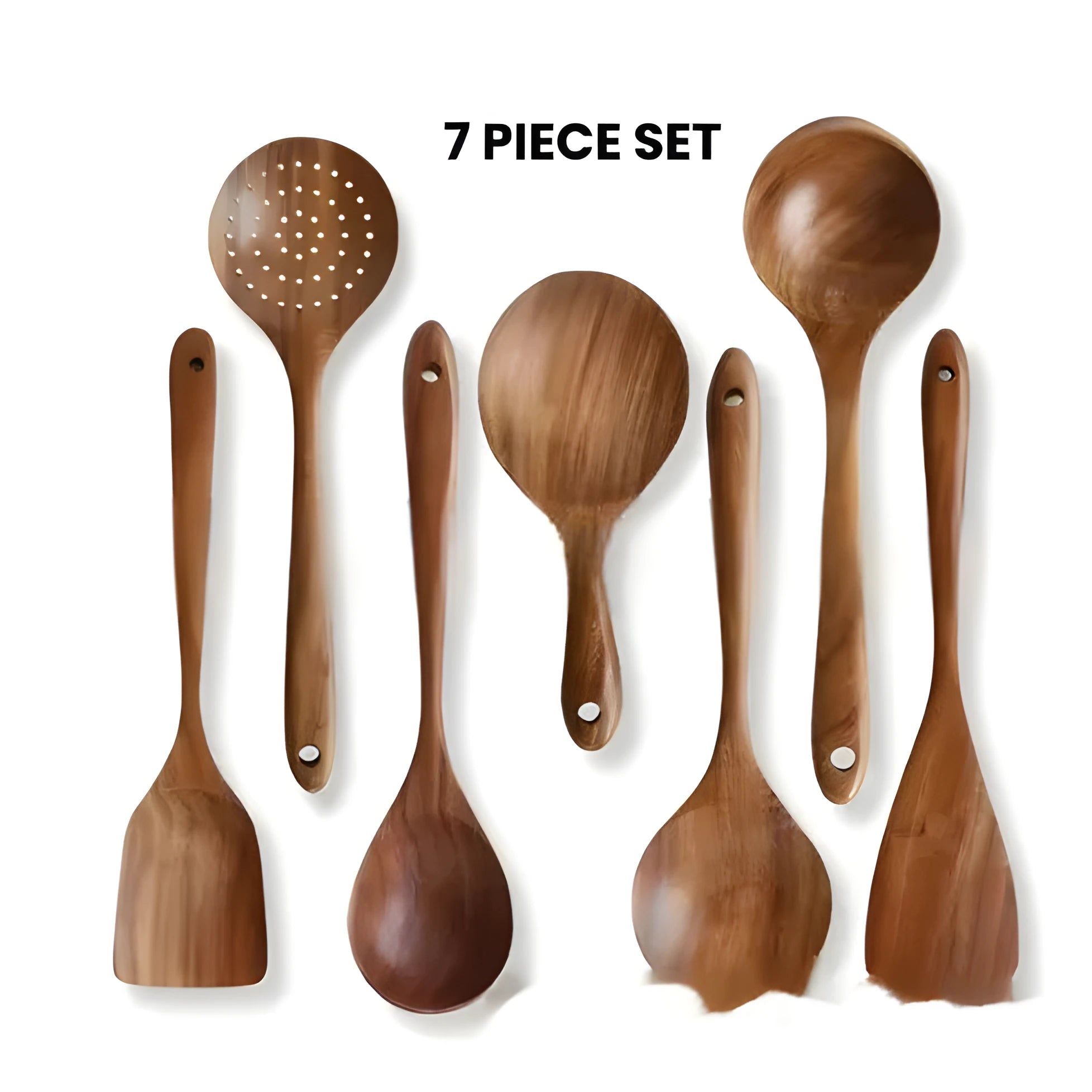 Wooden seven-piece kitchen utensil set with spoons and spatula in four weight options