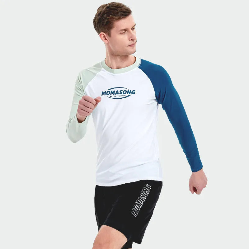 Men's white long-sleeved swim top and matching navy blue swim trunks set for outdoor water sports.